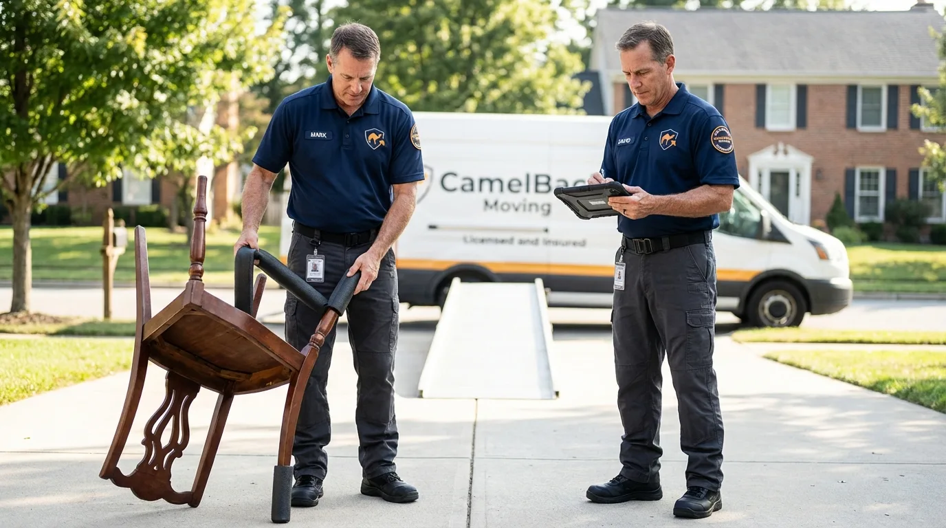 Movers inspecting furniture for damage prevention before loading in Booneville, KY