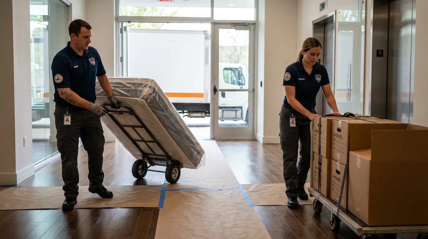 Professional apartment movers loading elevator in Booneville, KY