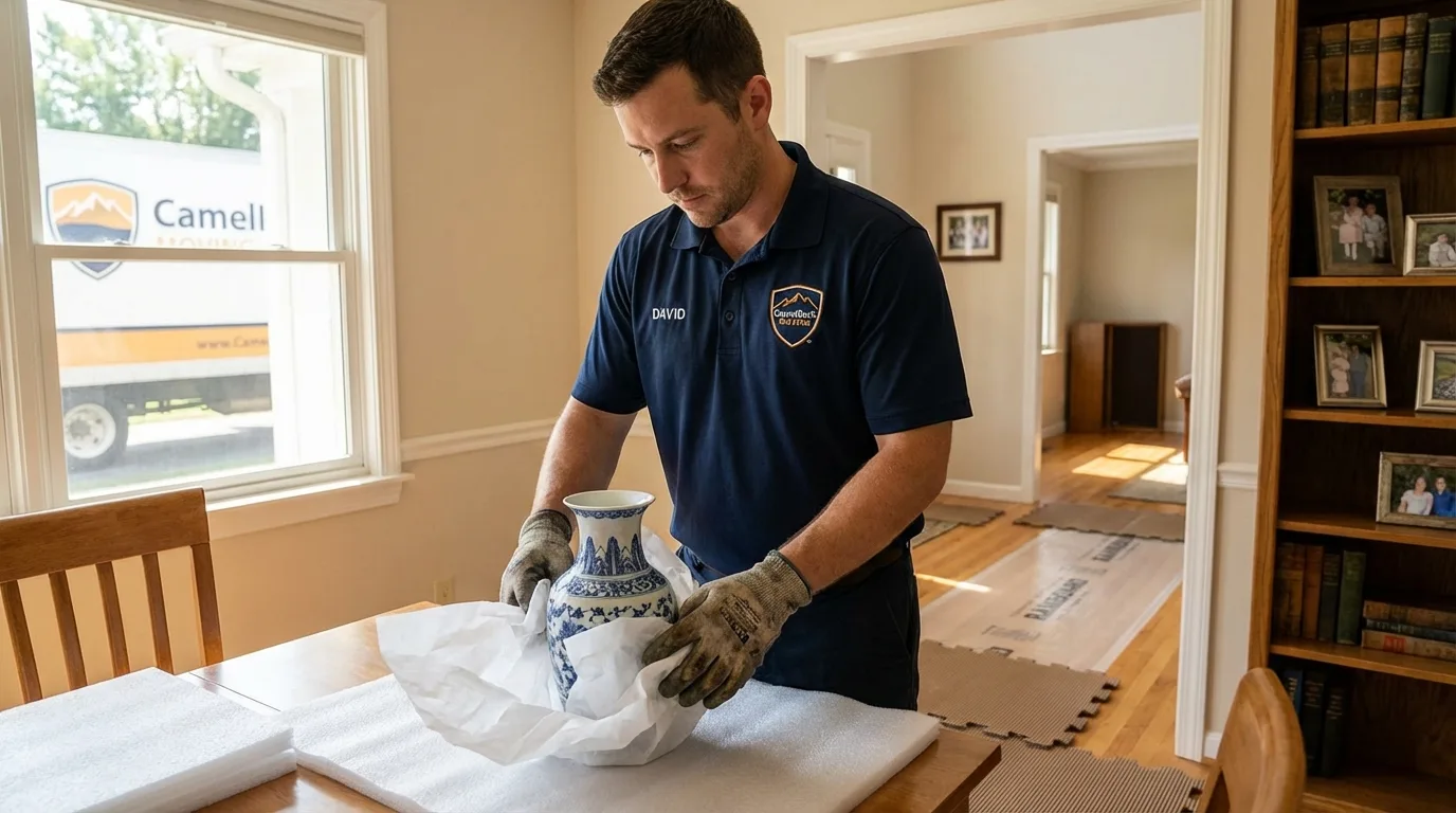 Professional crew carefully wrapping antique vase for senior downsizing move in Booneville, KY
